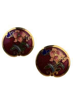 Vintage Unknown Womens Gold Tone Cloisonné Floral Butterfly Enamel Earrings